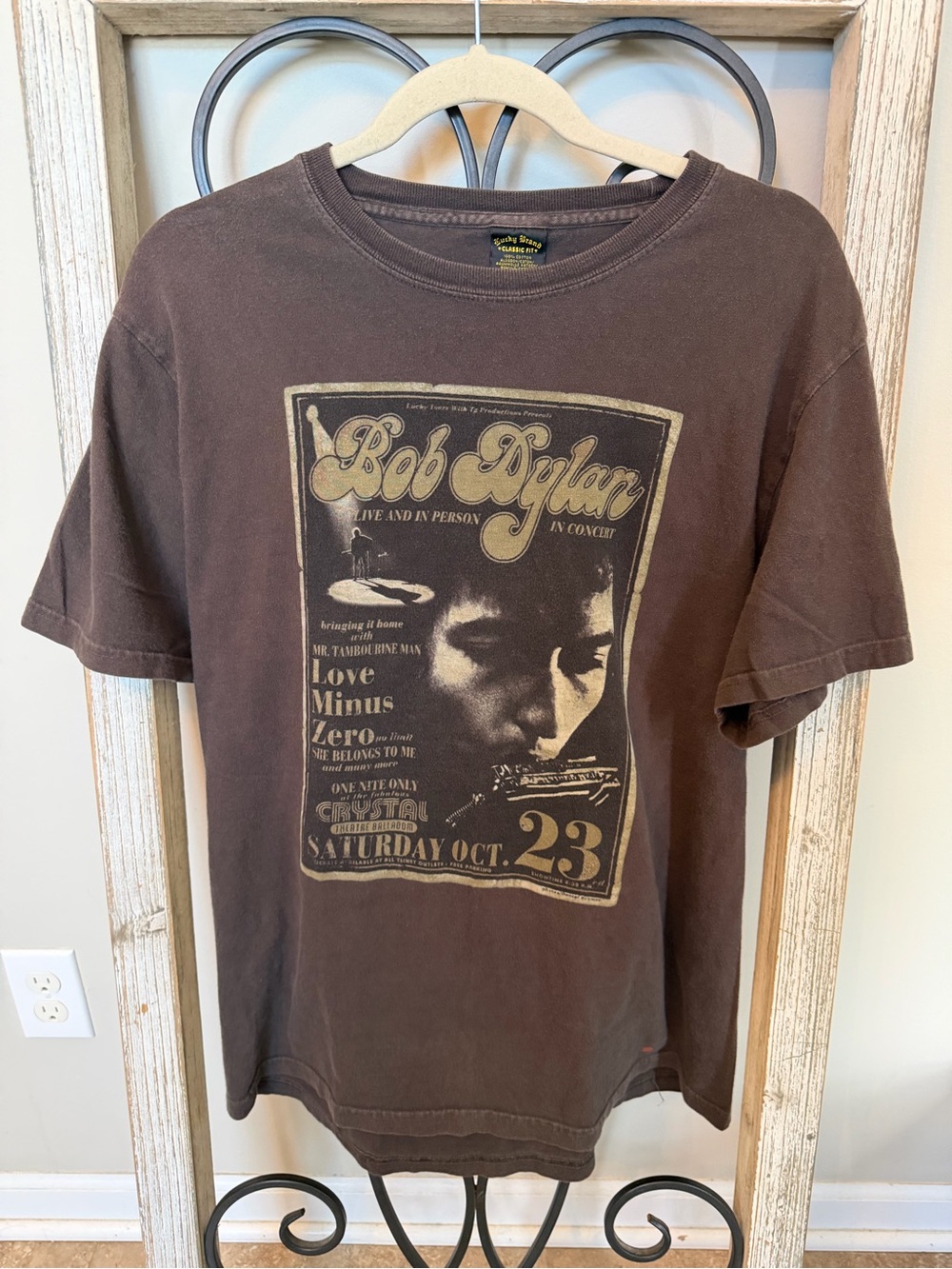 Bob Dylan Vintage Lucky Brand Concert Poster Graphic T Shirt USA Large Brown